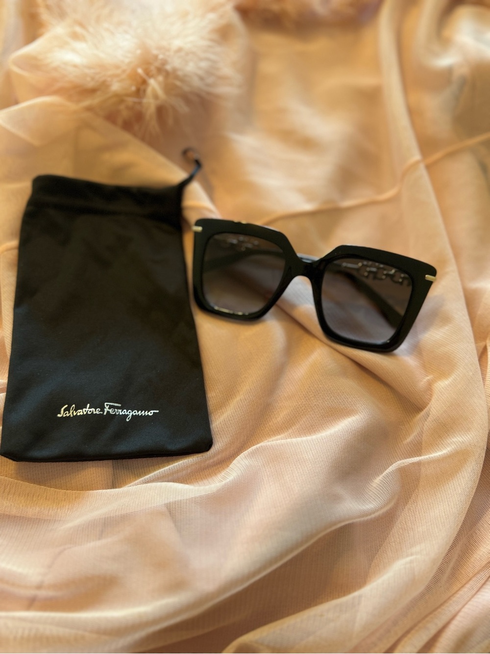 Salvatore Ferragamo SF1041S 001 Black Square Sunglasses - Gancini Chain Detail